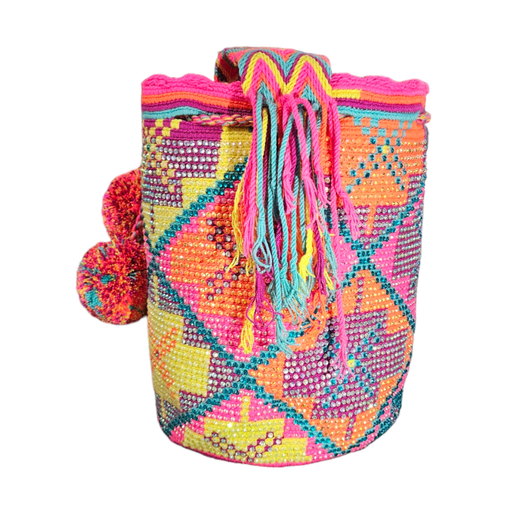 Original Wayuu Mochila Bag For Women, Colombian boho bags, Handmade With Big Nice-Looking Tassels and rhinestones