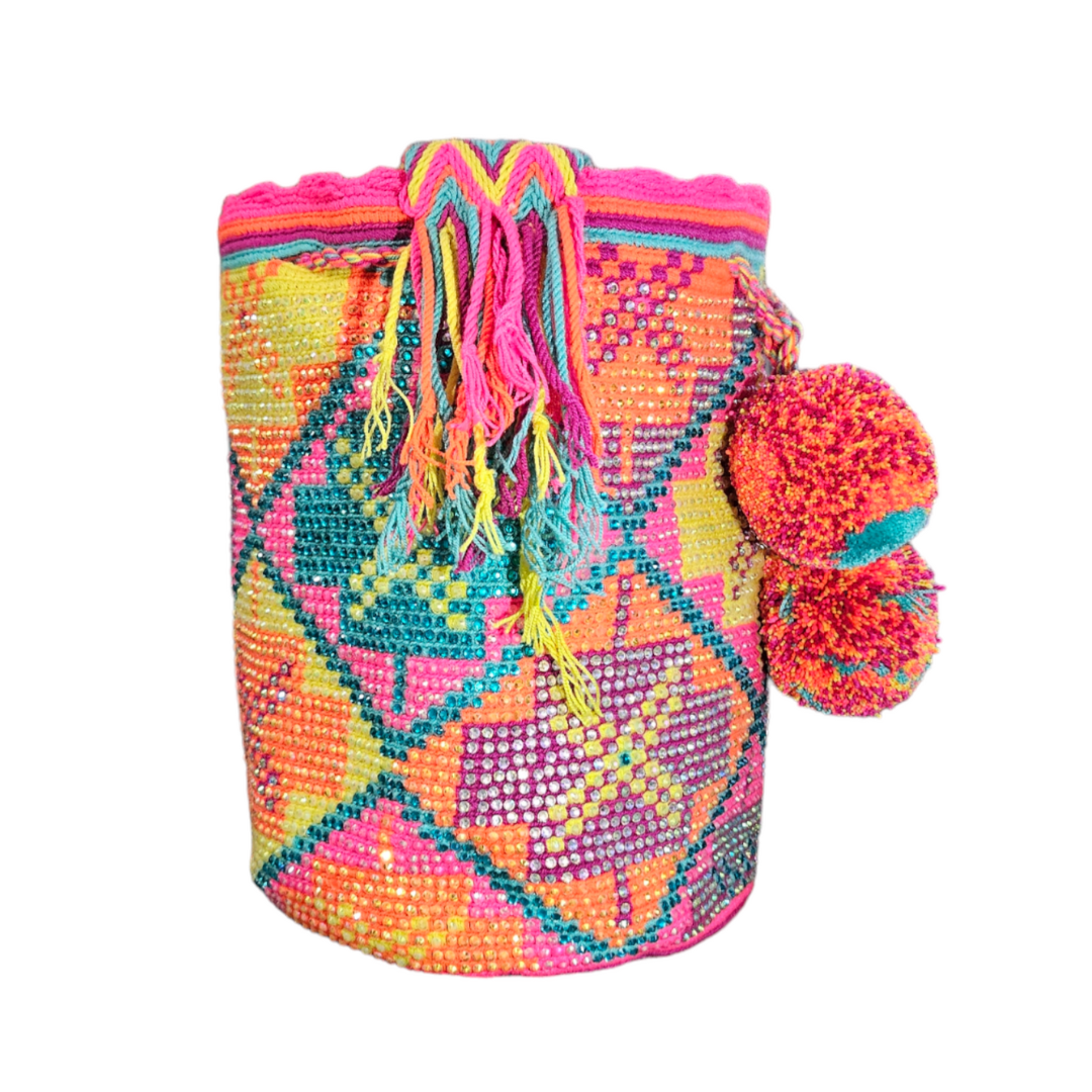 Original Wayuu Mochila Bag For Women, Colombian boho bags, Handmade With Big Nice-Looking Tassels and rhinestones