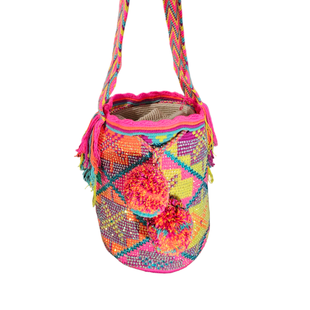 Original Wayuu Mochila Bag For Women, Colombian boho bags, Handmade With Big Nice-Looking Tassels and rhinestones