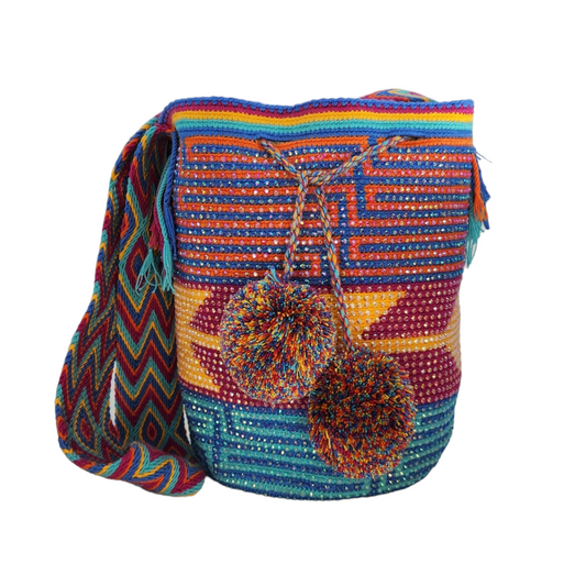 Original Wayuu Mochila Bag For Women, Colombian boho bags, Handmade With Big Nice-Looking Tassels and rhinestones
