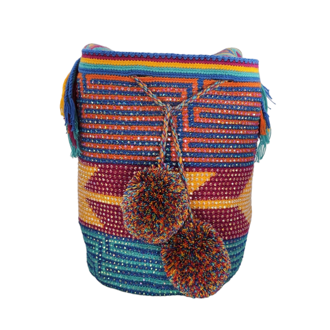 Original Wayuu Mochila Bag For Women, Colombian boho bags, Handmade With Big Nice-Looking Tassels and rhinestones