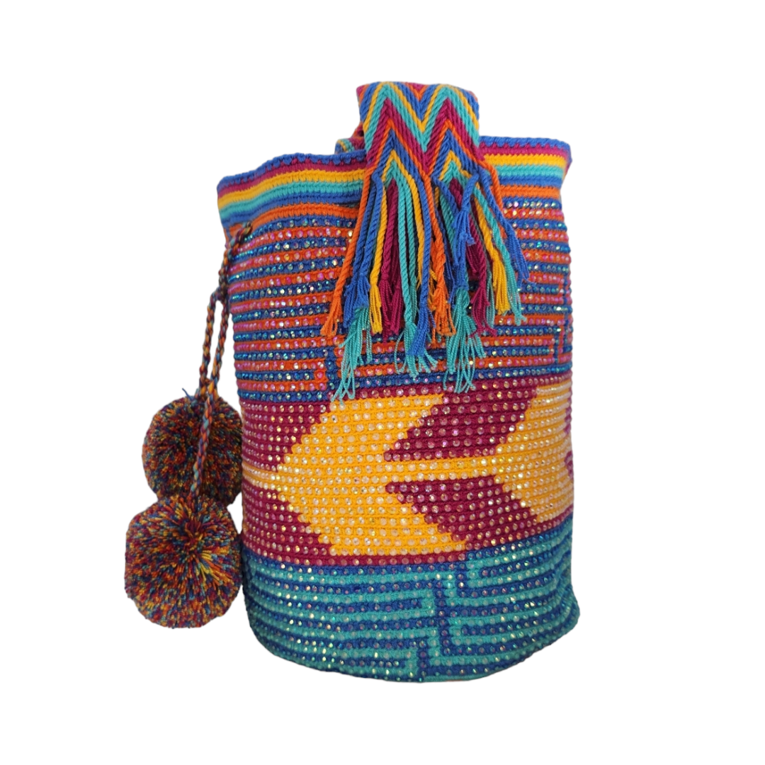 Original Wayuu Mochila Bag For Women, Colombian boho bags, Handmade With Big Nice-Looking Tassels and rhinestones
