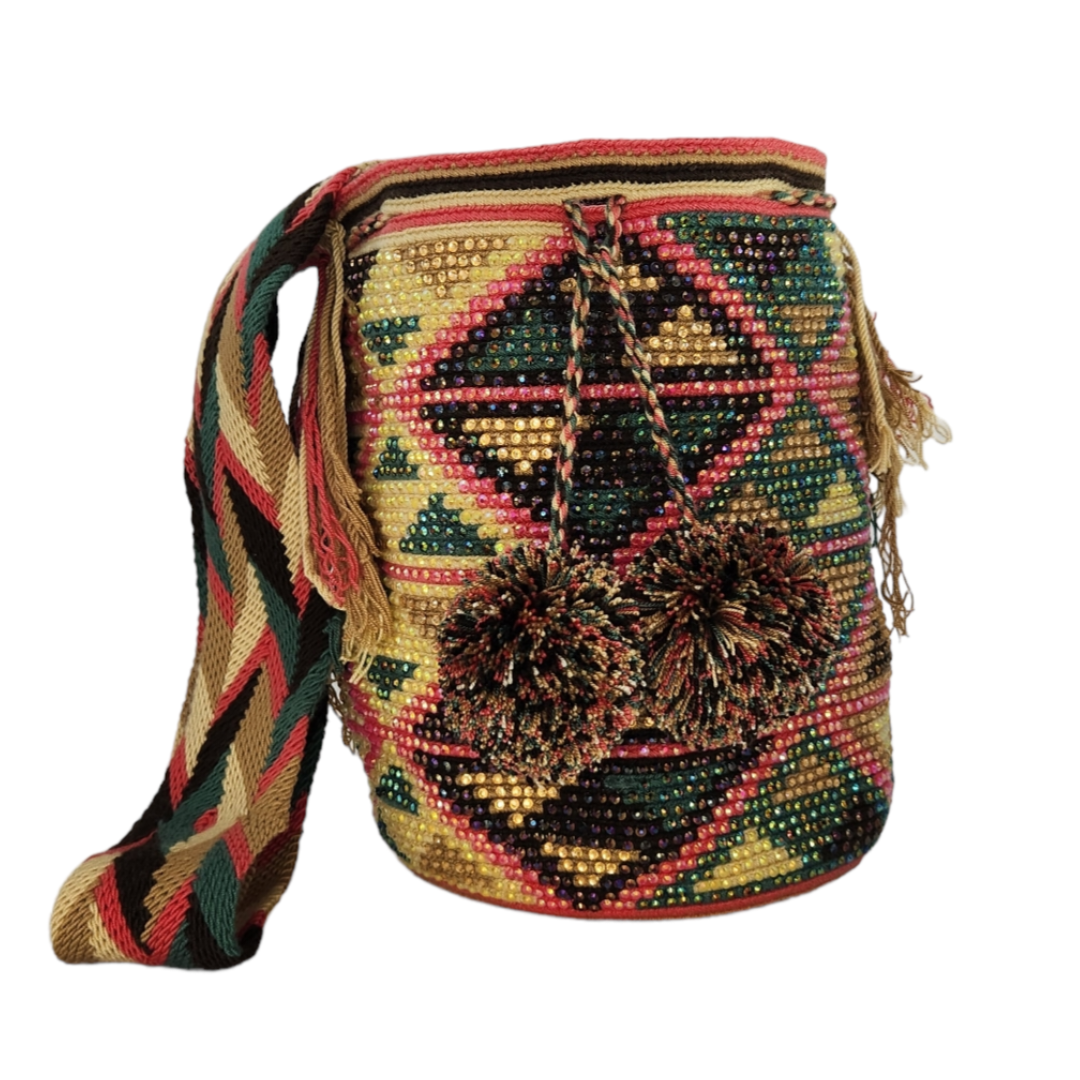 Original Wayuu Mochila Bag For Women, Colombian boho bags, Handmade With Big Nice-Looking Tassels and rhinestones