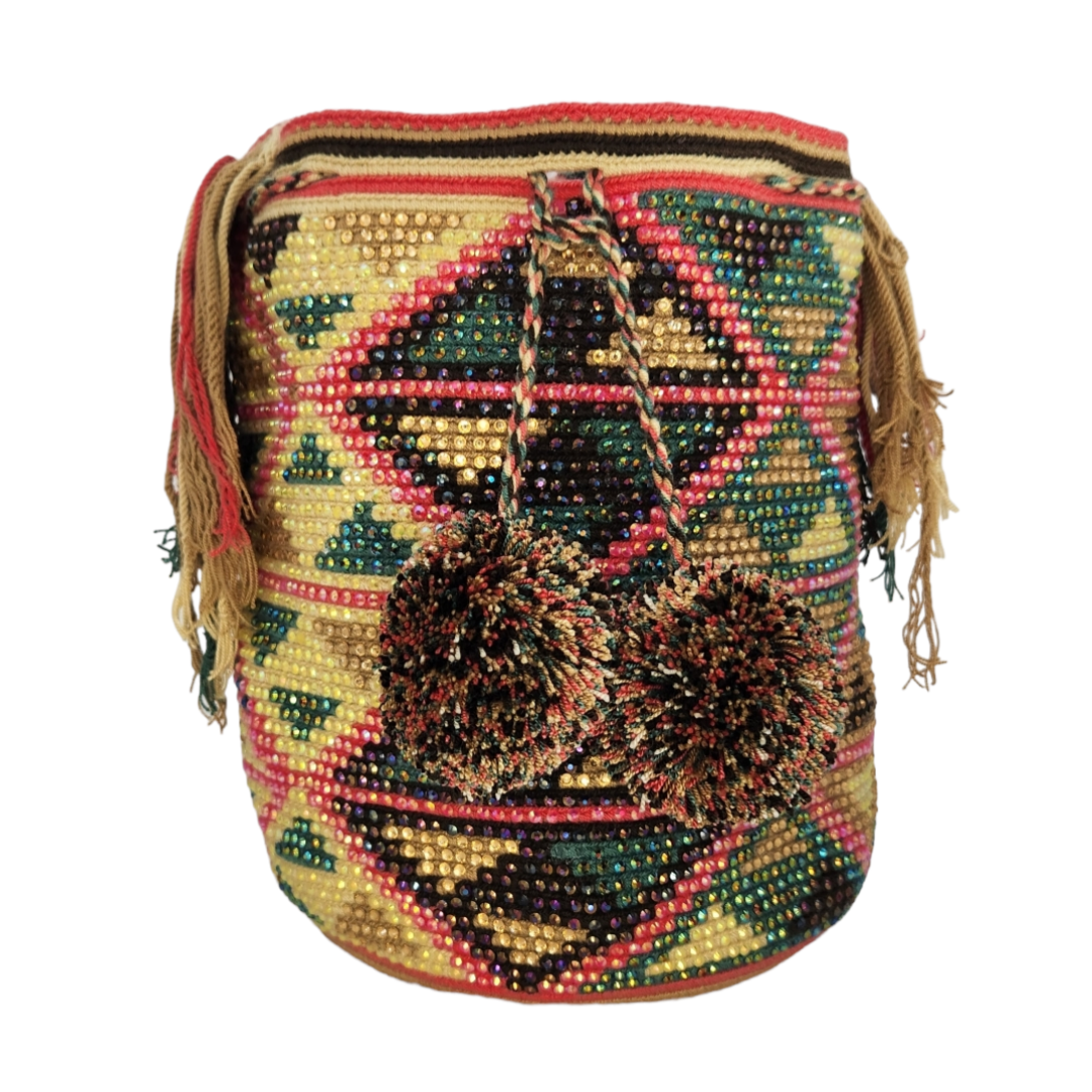 Original Wayuu Mochila Bag For Women, Colombian boho bags, Handmade With Big Nice-Looking Tassels and rhinestones