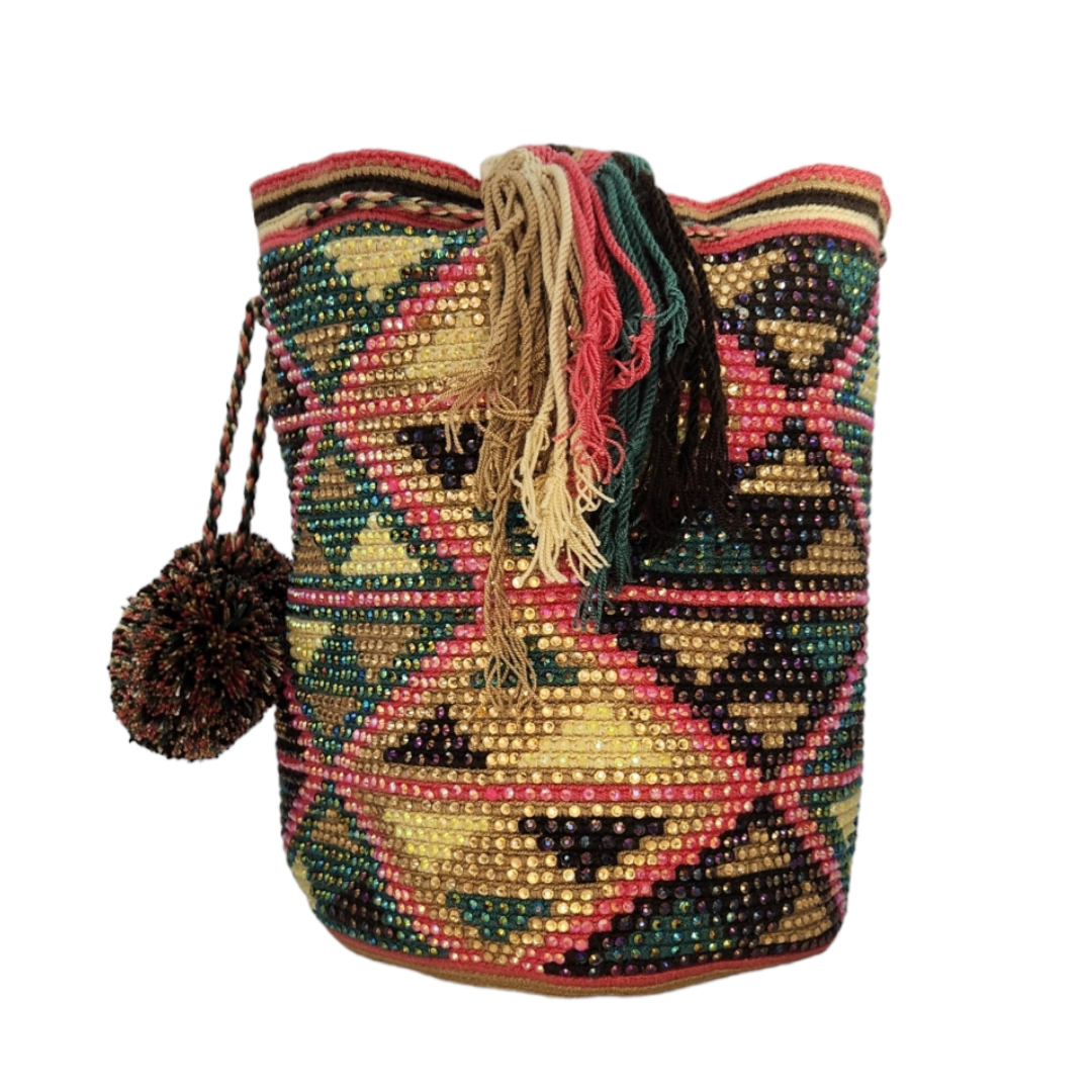 Original Wayuu Mochila Bag For Women, Colombian boho bags, Handmade With Big Nice-Looking Tassels and rhinestones