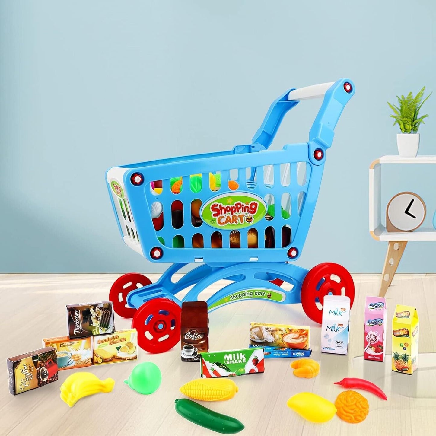 deAO Children Shopping Cart Trolley Play Set Includes 78 Grocery Food Fruit