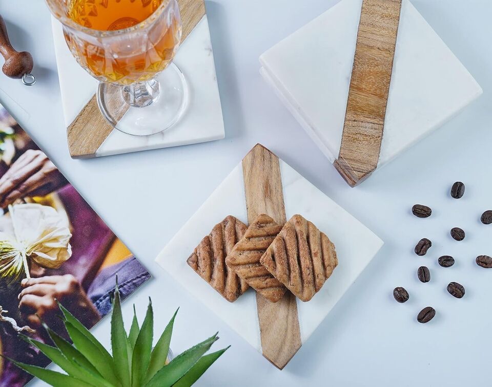 Marble & Wooden Coaster Set Square Shape Coaster for Dining Table Kitchen