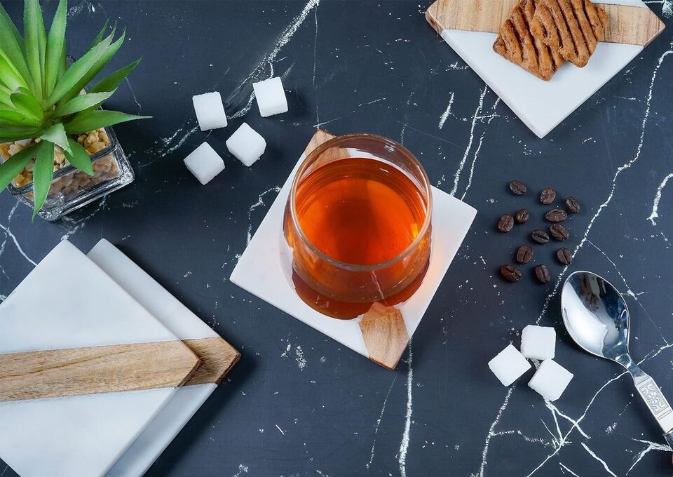 Marble & Wooden Coaster Set Square Shape Coaster for Dining Table Kitchen