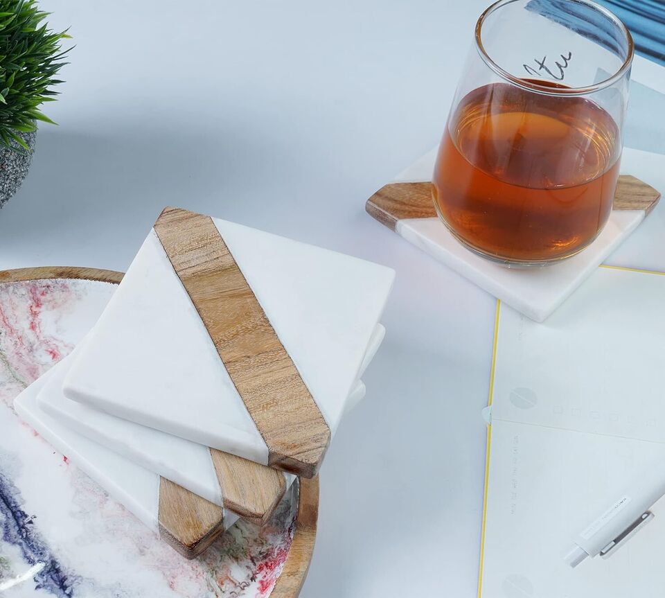 Marble & Wooden Coaster Set Square Shape Coaster for Dining Table Kitchen