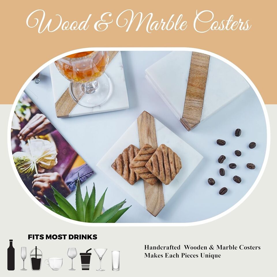 Marble & Wooden Coaster Set Square Shape Coaster for Dining Table Kitchen