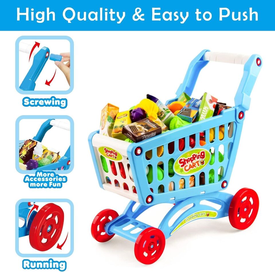 deAO Children Shopping Cart Trolley Play Set Includes 78 Grocery Food Fruit