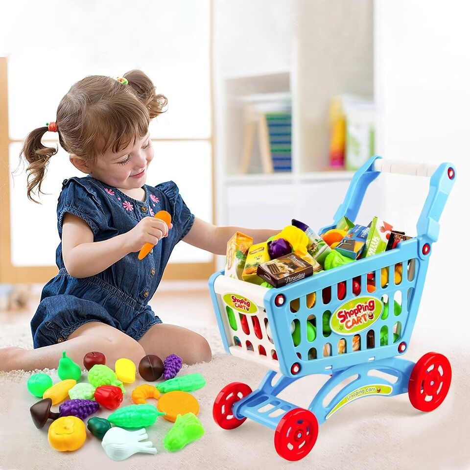 deAO Children Shopping Cart Trolley Play Set Includes 78 Grocery Food Fruit