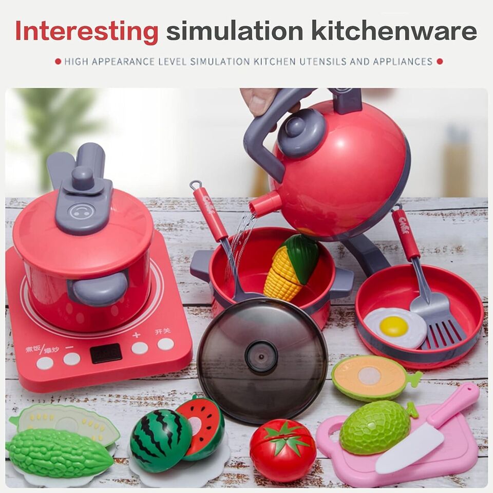 Pretend Play Kitchen Toy with Cookware Steam Pressure Pot and Electronic Induction