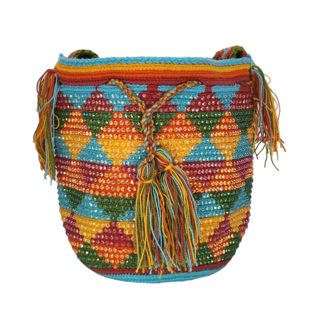Original Wayuu Mochila Bag For Women, Colombian boho bags, Handmade With Big Nice-Looking Tassels and rhinestones