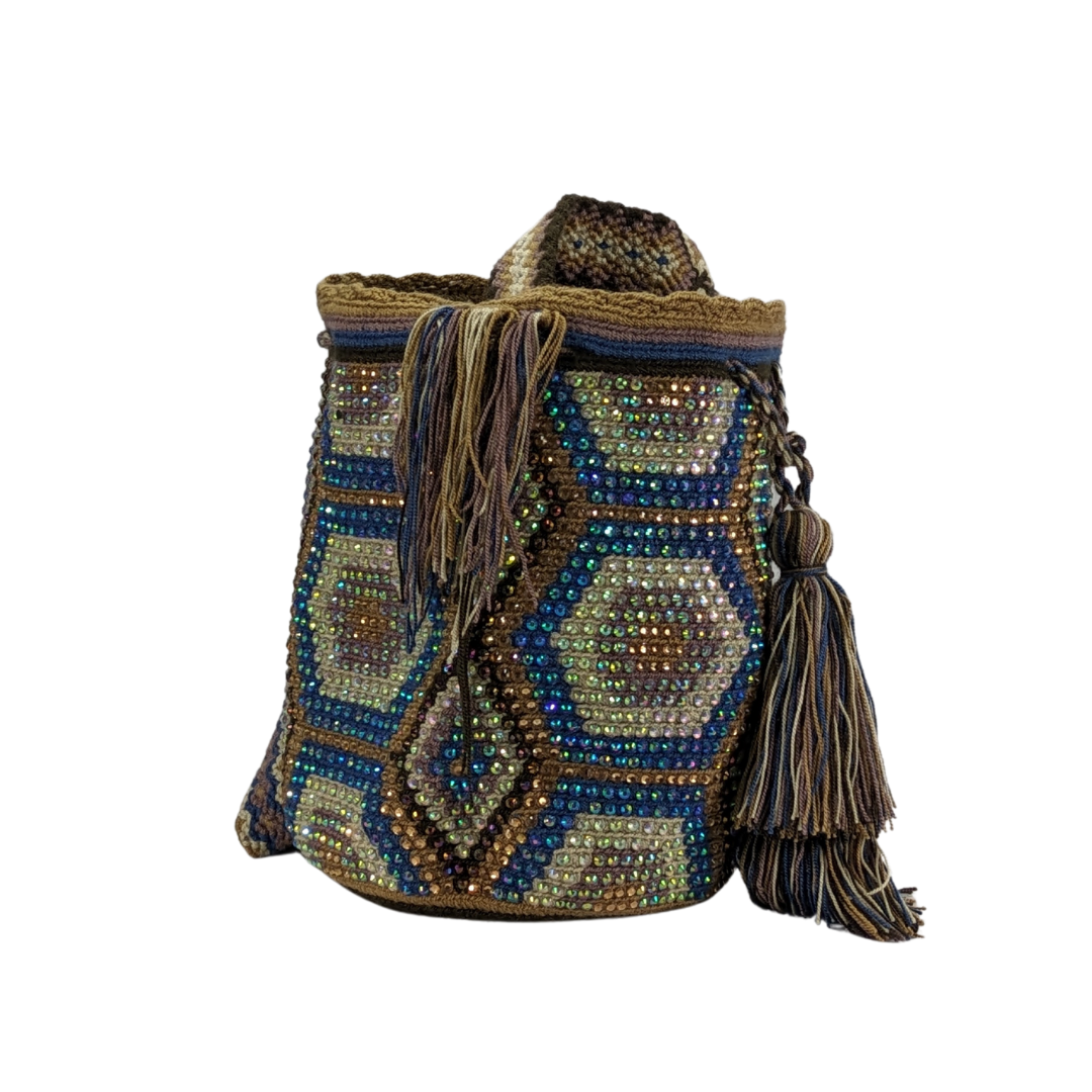 Original Wayuu Mochila Bag For Women, Colombian boho bags, Handmade With Big Nice-Looking Tassels and rhinestones