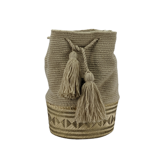 Mochila Wayuu Bag Handwoven by Wayuu Tribe Premium Colombian Bag Design Camel Black Tassels Crossbody Medium Size